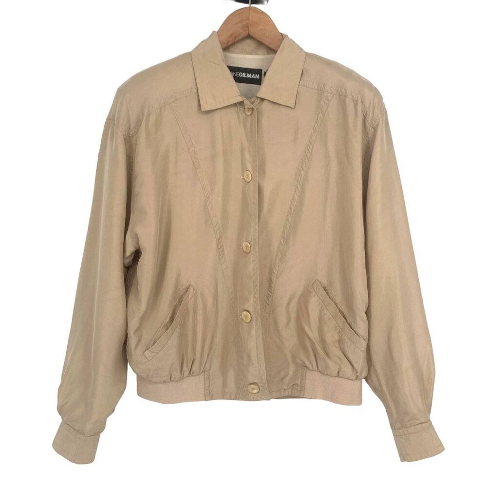 Vtg Diane Gilman Silk Bomber Jacket Beige Collared Button Pockets Womens M